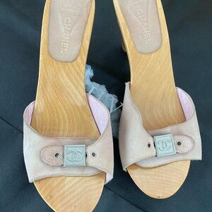 Chanel Women's pink Suede Slide Sandals with Wood Platform